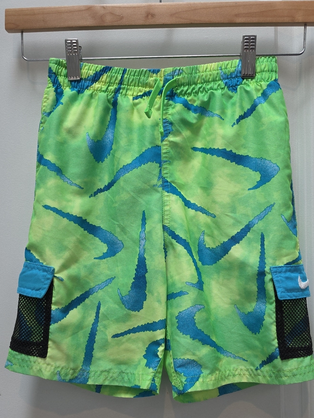 Nike Neon Green Swim Trunks with Blue Swoosh Print